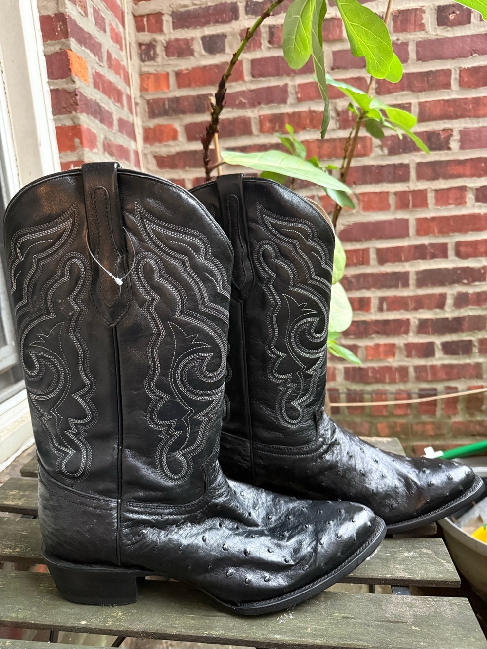 J.B Dillon Black Ostrich Leather Cowboy Boots - Sz 13